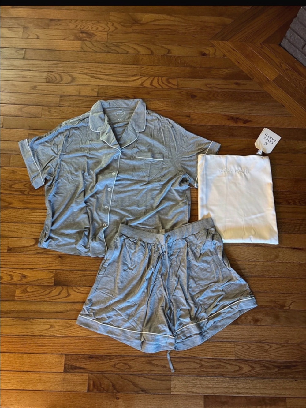 Light grey bamboo Short-Sleeve Modal Pajama Set with Drawstring Shorts